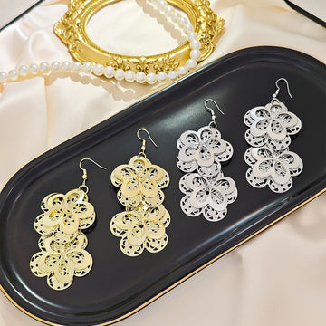 Triple Filigree Flower Gold and Silver Long Hook Earrings