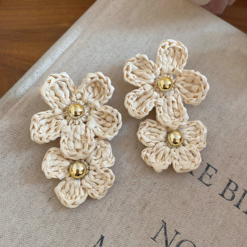 Woven Raffia Flower Stud Earrings In Four Bright Colors