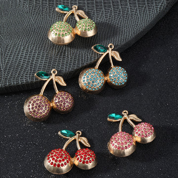 Rhinestone Double Cherry Charm Pendant Gold Tone Five Colors
