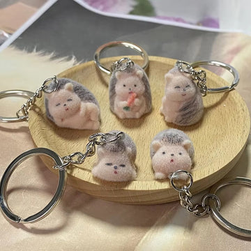 Flocked Mini Hedgehog Plush Keychains Silver Ring 5 Poses