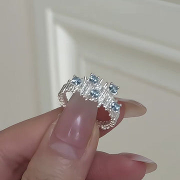 Silver Irregular Texture Open Ring Clear Blue Zircon