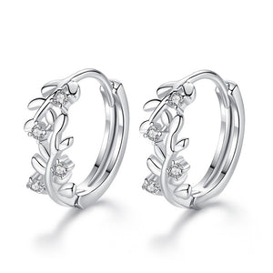 Silver Tone Leaf Vine Hoop Earrings With Clear Stone Accents