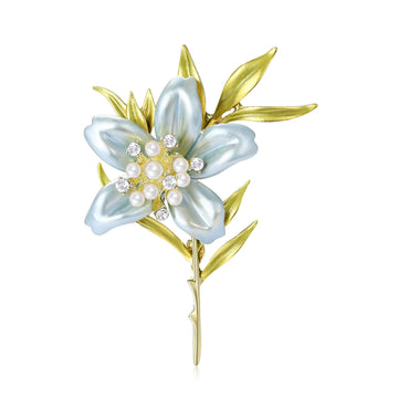 Enamel Lily Flower Brooch Pearl Center Gold Leaves Three Colors