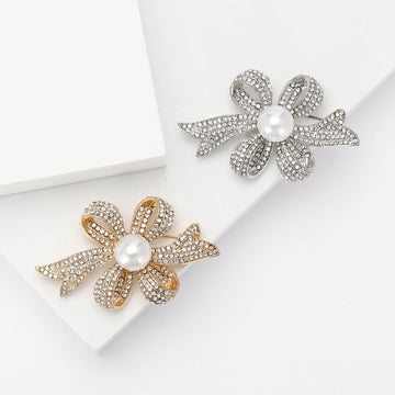 Layered Crystal Ribbon Bow Brooch with Faux Pearl Center