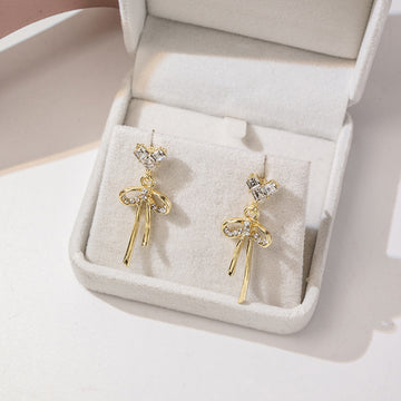 Gold Heart Crystal Stud Bow Drop Earrings with Rhinestones