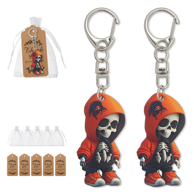 Hooded skull wood plaque keychains with bags and kraft tags