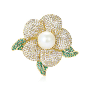 Gold Tone Pavé Camellia Flower Brooch Pearl or Yellow Center