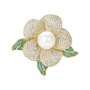 Gold Tone Pavé Camellia Flower Brooch Pearl or Yellow Center