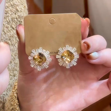 Radiant Crystal Halo Stud Earrings With Polished Metal Tone Details