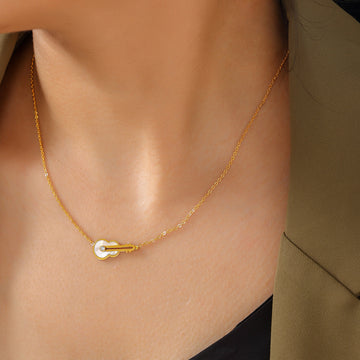 Gold Guitar Pendant Necklace White Pearlescent Inlay Rhinestone