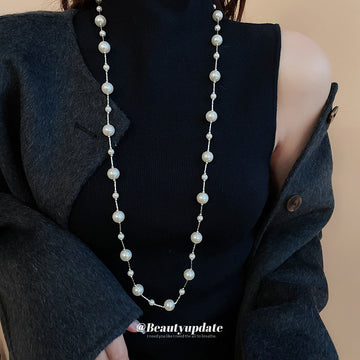 White Multi Size Pearl Bar Link Long Layer Necklace