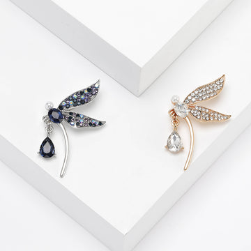 Crystal Dragonfly Brooch in Blue Silver or Clear Gold