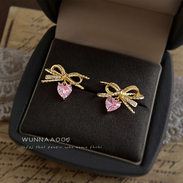 Gold Bow Pink Heart Drop Stud Earrings Zircon Pair