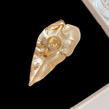 Hammered Leaf Ear Crystal Brooches Gold And Silver Tones
