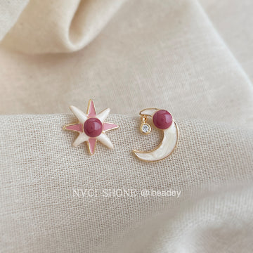Gold Tone Pink Stone Sun And Moon Asymmetric Stud Earrings