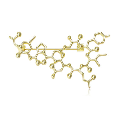 The first image shows the molecular structure brooch from the front.