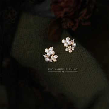 Gold Tone White Flower Pearl And Clear Stone Cluster Stud Earrings