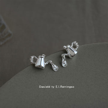 Silver Tone Teapot Cup And Clear Teardrop Asymmetric Stud Earrings