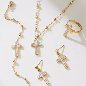 Gold Stainless Steel Zircon Cross Necklace Bracelet Ring Earrings