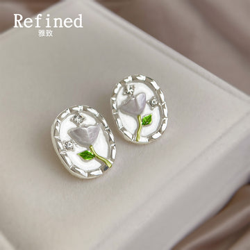 Clear Oval Dome White Tulip And Green Stem Stud Earrings