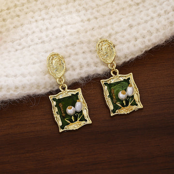 Green Framed Floral Garden Rectangle Dangle Stud Earrings