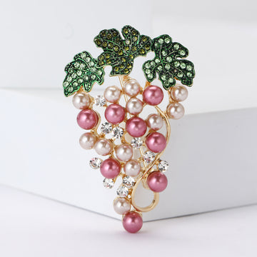 Pink Pearl Grape Cluster Brooch Green Leaf Rhinestone Pin