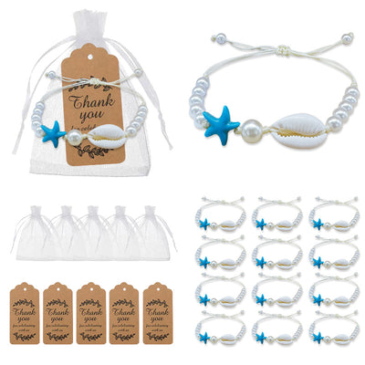 Product collage showing the shell bracelet, white organza bags, thank-you tags and twelve bracelet pieces.