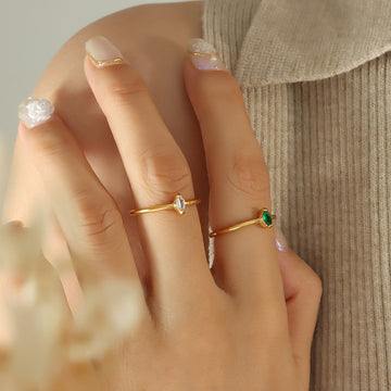 Gold Thin Band Marquise Zircon Ring Clear Or Green Stone