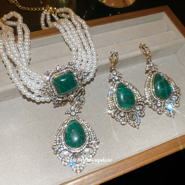 Multi Strand Pearl Green Teardrop Necklace Drop Earrings