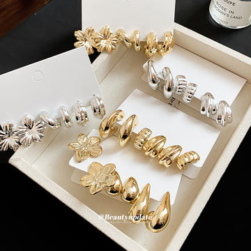 Mixed Floral and Hoop Stud Earring Set in Two Metal Tones