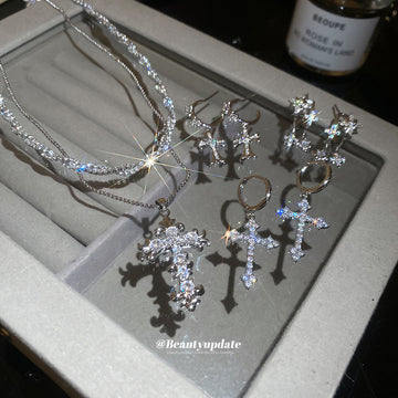 Crystal Cross Layered Necklace Silver Earring Four Styles