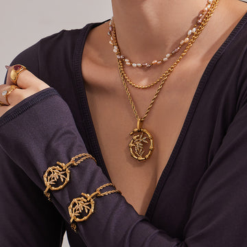 Bamboo Circle Pendant Necklace Bracelet Gold Steel Pearl