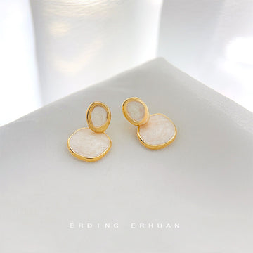 Cream White Enamel Dual Disc Drop Earrings Gold Frame