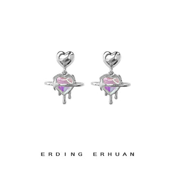Silver Heart Planet Iridescent Liquid Drip Drop Earrings