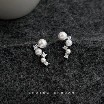 Silver-Tone Graduated Pearl Clear Stone Curved Climber Earrings