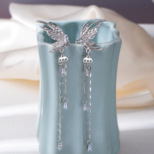 Silver-Tone Butterfly Wing Ear Clips with Long Chain Tassels