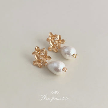 Matte Gold Flower Cluster Pearl Drop Stud Earrings