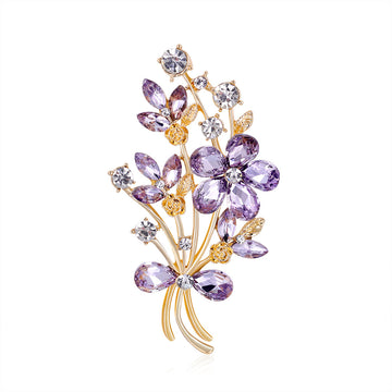 Purple Gold Tone Floral Bouquet Crystal Metal Brooch Pin
