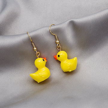 Yellow Cartoon Duck Novelty Long Dangle Hook Earrings