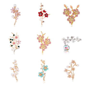 Red Gold Tone Plum Blossom Crystal Eleven Designs Metal Brooch Pin