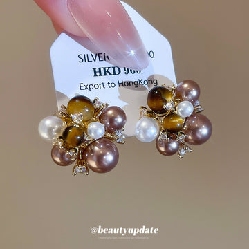 Gold Tone Brown And Pearl Beaded Cluster Stud Earrings