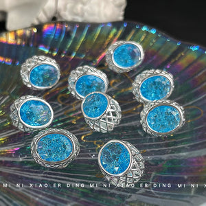 Sea Blue Ice Crack Oval Stud Earrings Silver Lattice
