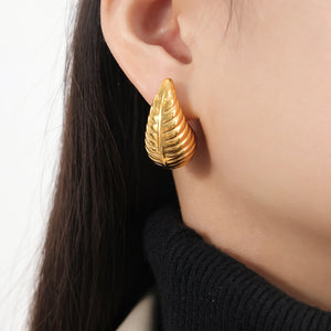 Ribbed Teardrop Stud Earrings Gold Steel Large Small Sizes
