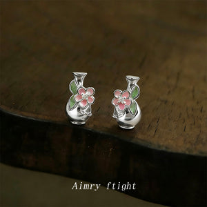 Silver Flower Vase Stud Earrings Pink Enamel Leaf Pair