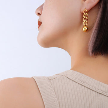 Chain Link Ball Drop Earrings Gold Steel Metal Tone