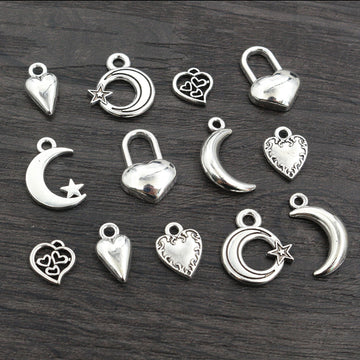 Silver Tone Moon Heart and Lock Charms in Seven Designs