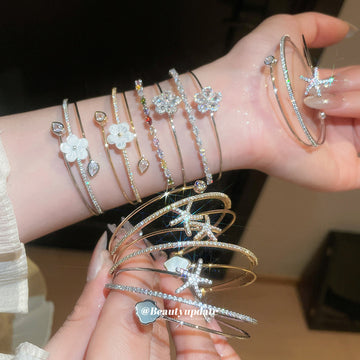 Open Double Cuff Bangles Flower Starfish Rhinestone Accents
