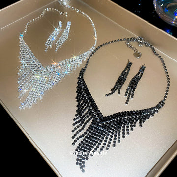 V Fringe Crystal Necklace And Earring Set In Clear Or Black