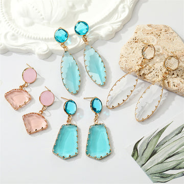 Gold Geometric Crystal Glass Drop Earrings Leaf Triangle