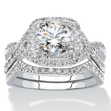Silver Tone Halo Clear Stone Cross Band Bridal Ring Set